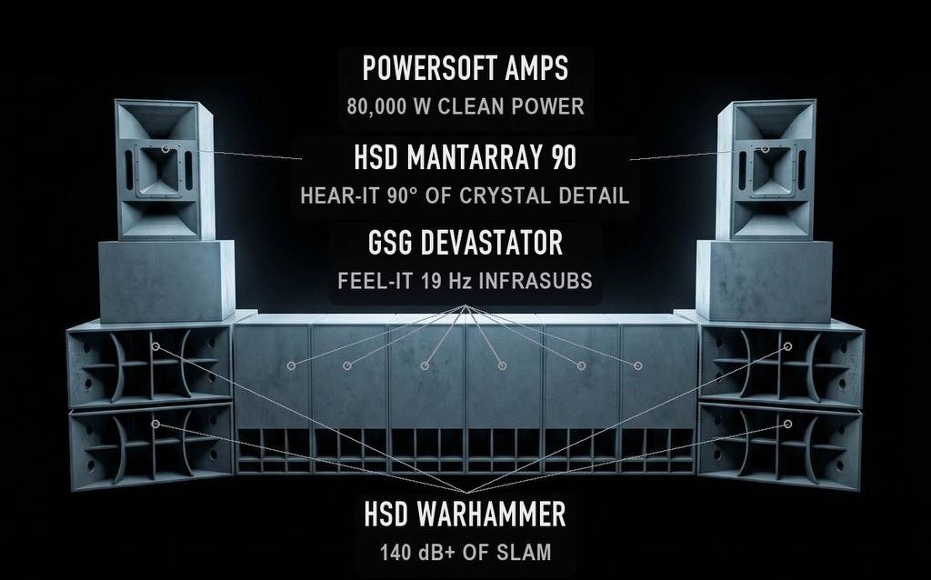 ADHz sound rig: Powersoft amps 80,000 W, HSD MantArray 90 with 90 degrees of detail, GSG Devastator 19 Hz infrasubs, HSD Warhammer 140 dB+ of slam